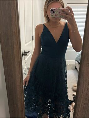 Dress the Population Deep Teal V-Neck Midi Dress with Floral Appliqué